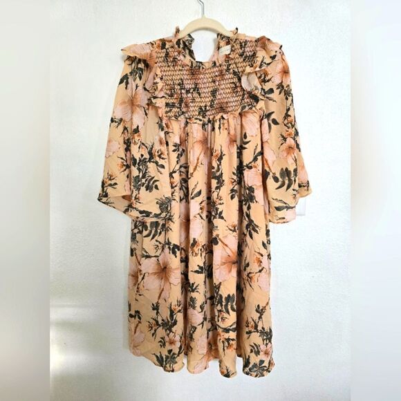 Happy X Nature Smocked Shift Dress Size Medium In Blush Floral Hibiscuos - Picture 2 of 10